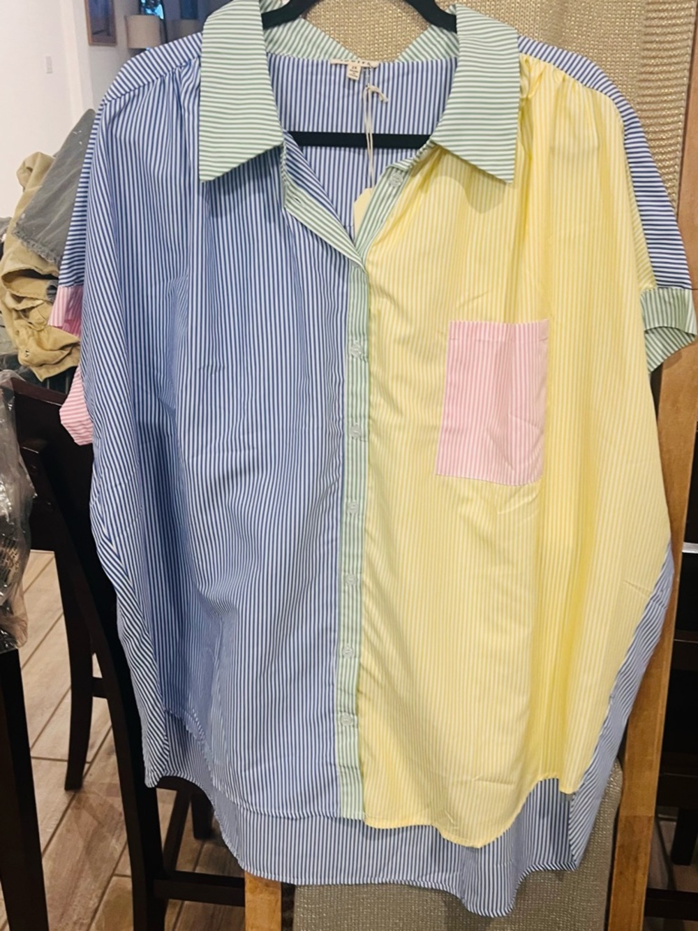 JODIFL Colorblock Striped Button-Down Shirt in Blue, Yellow, pink and green